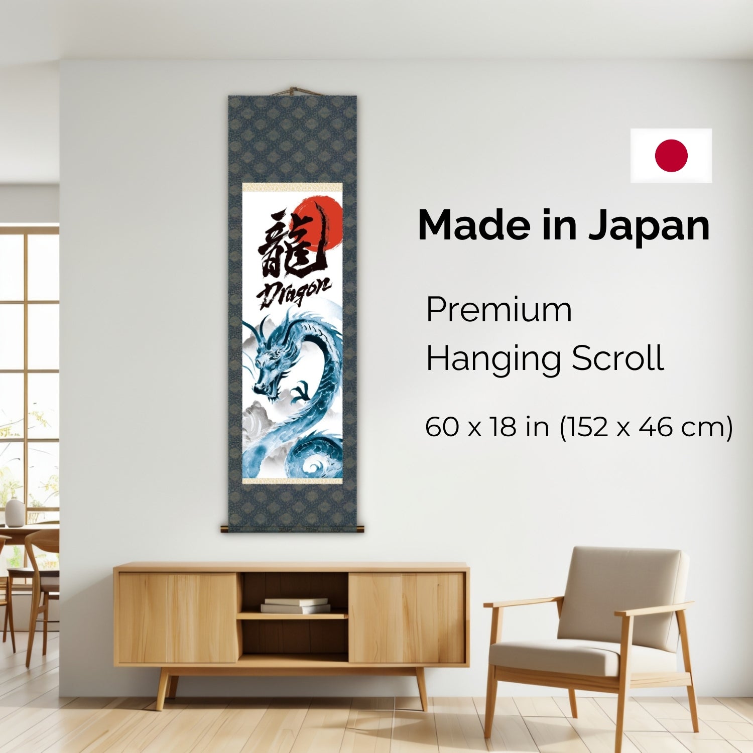 Japanischer Drachen-Kakemono-Wandbehang – Blauer aufsteigender Drache