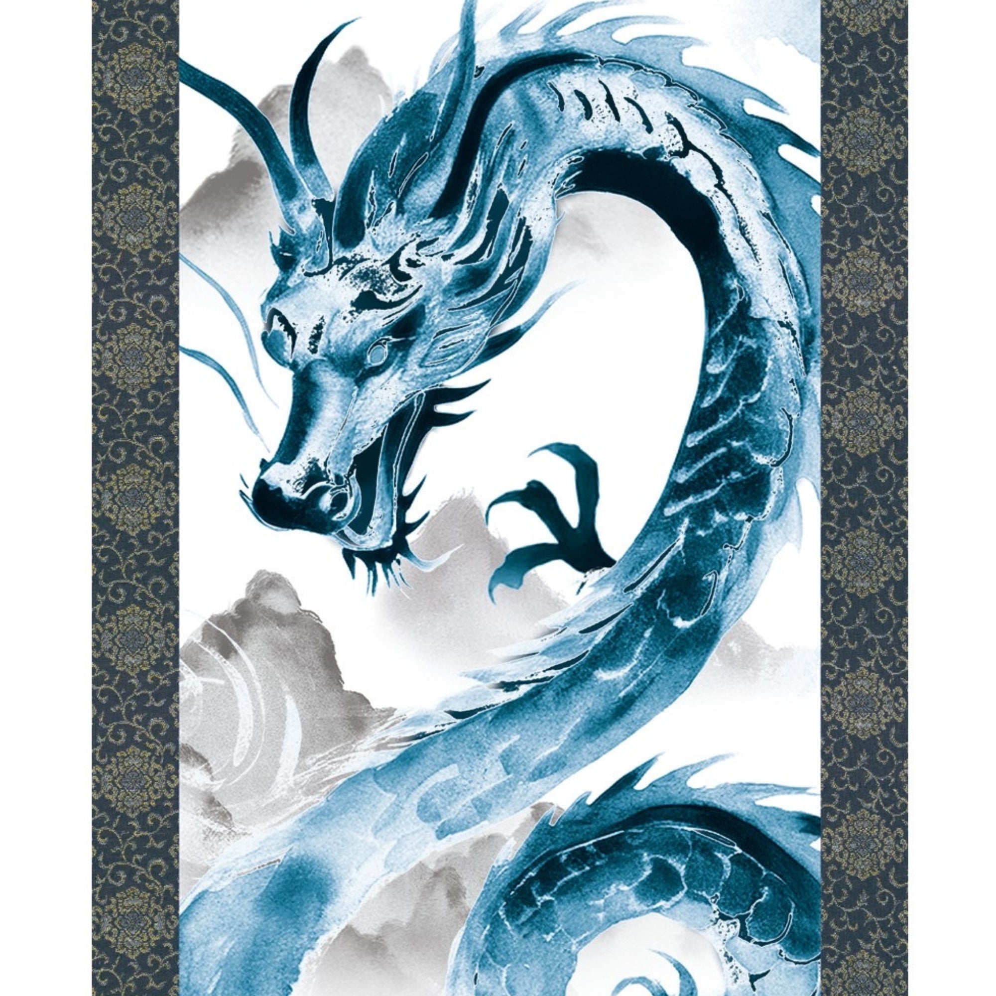 Japanischer Drachen-Kakemono-Wandbehang – Blauer aufsteigender Drache