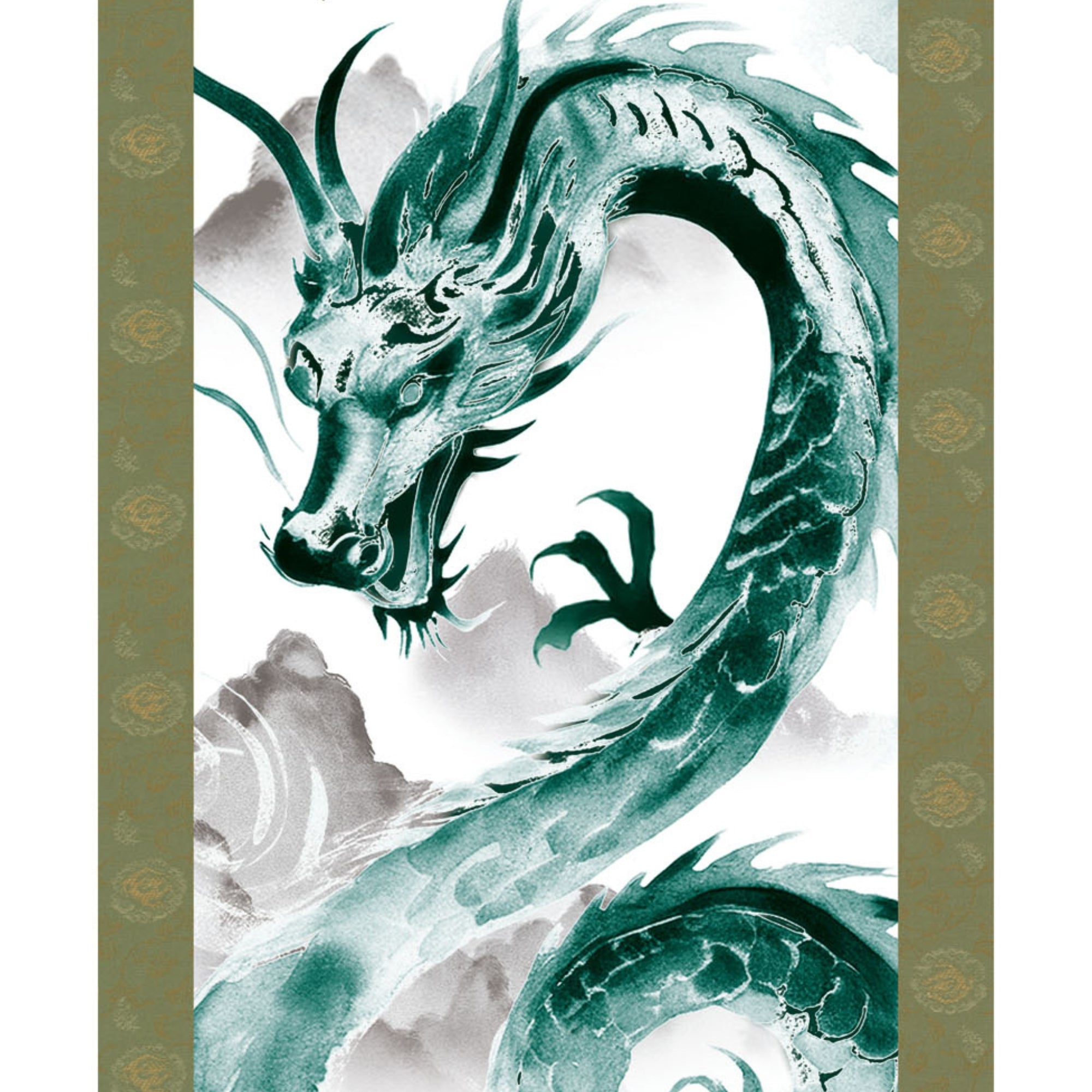 Japanischer Drachen-Kakemono-Wandbehang – Grüner aufsteigender Drache