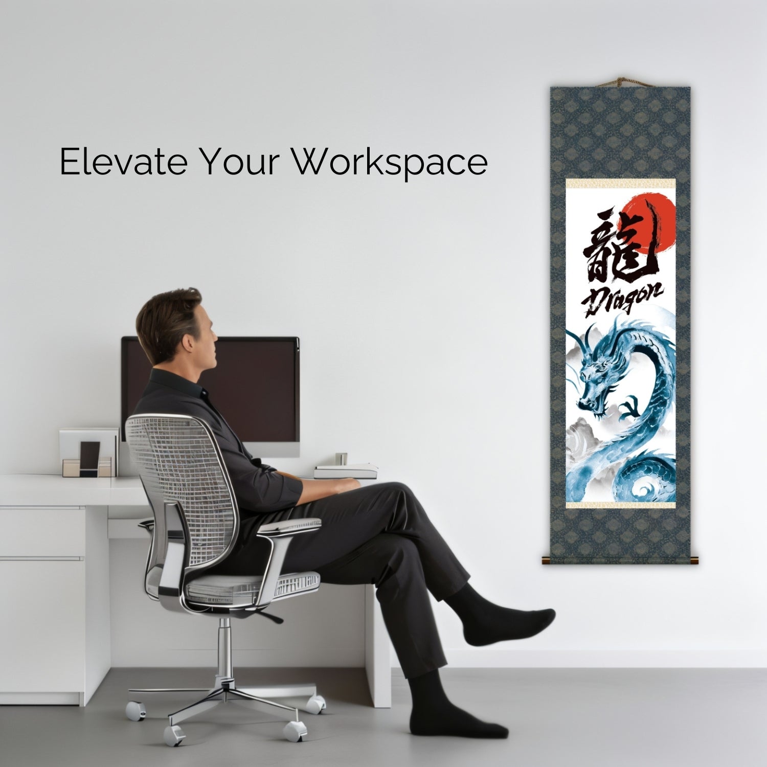 Japanischer Drachen-Kakemono-Wandbehang – Blauer aufsteigender Drache