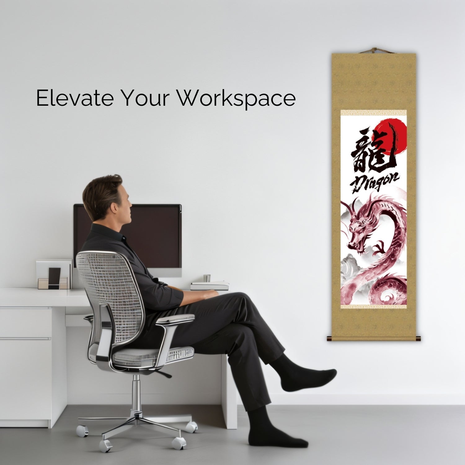Japanischer Drachen-Kakemono-Wandscroll – Roter aufsteigender Drache