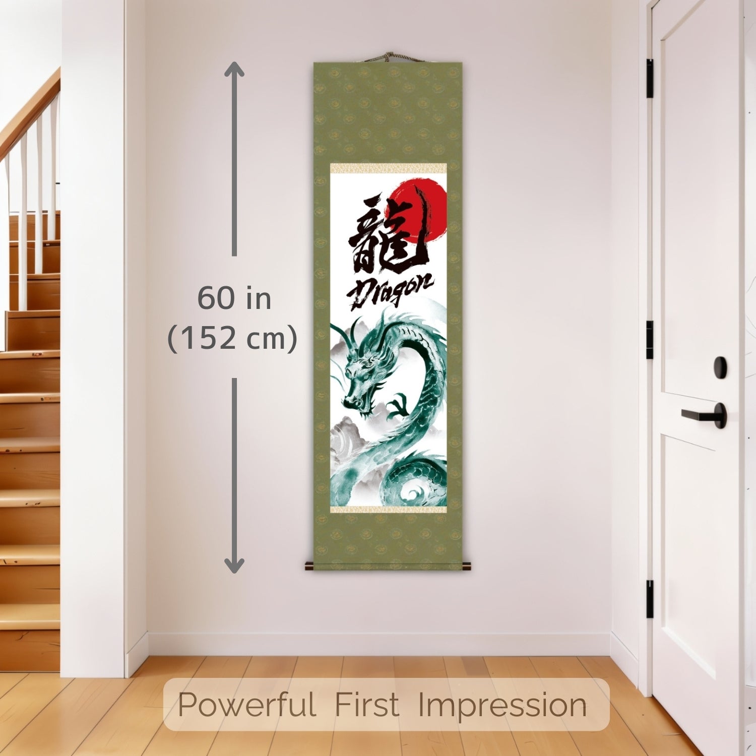 Japanischer Drachen-Kakemono-Wandbehang – Grüner aufsteigender Drache