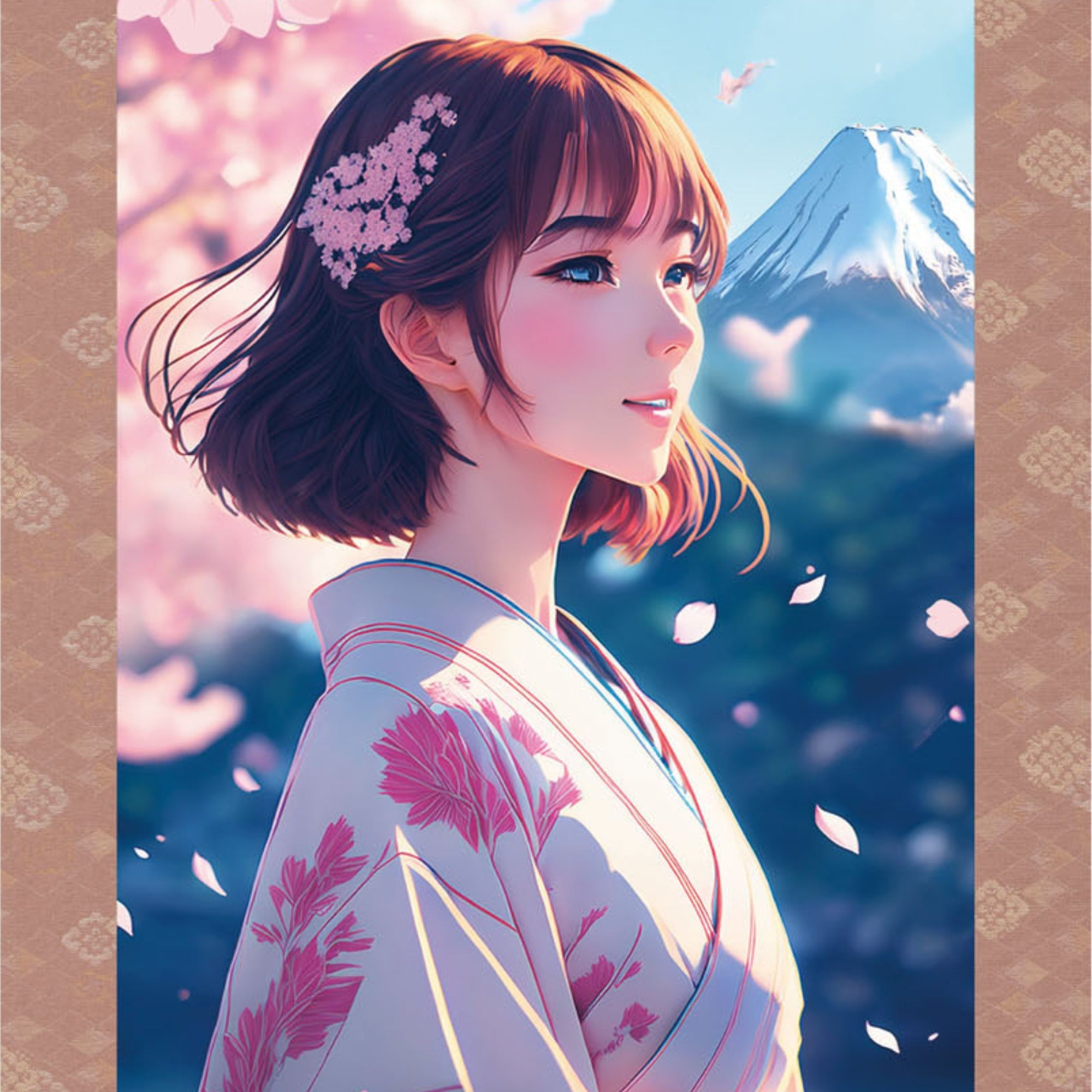 Japanese Anime Sakura Kakemono Wall Scroll – Kimono Woman with Mount Fuji