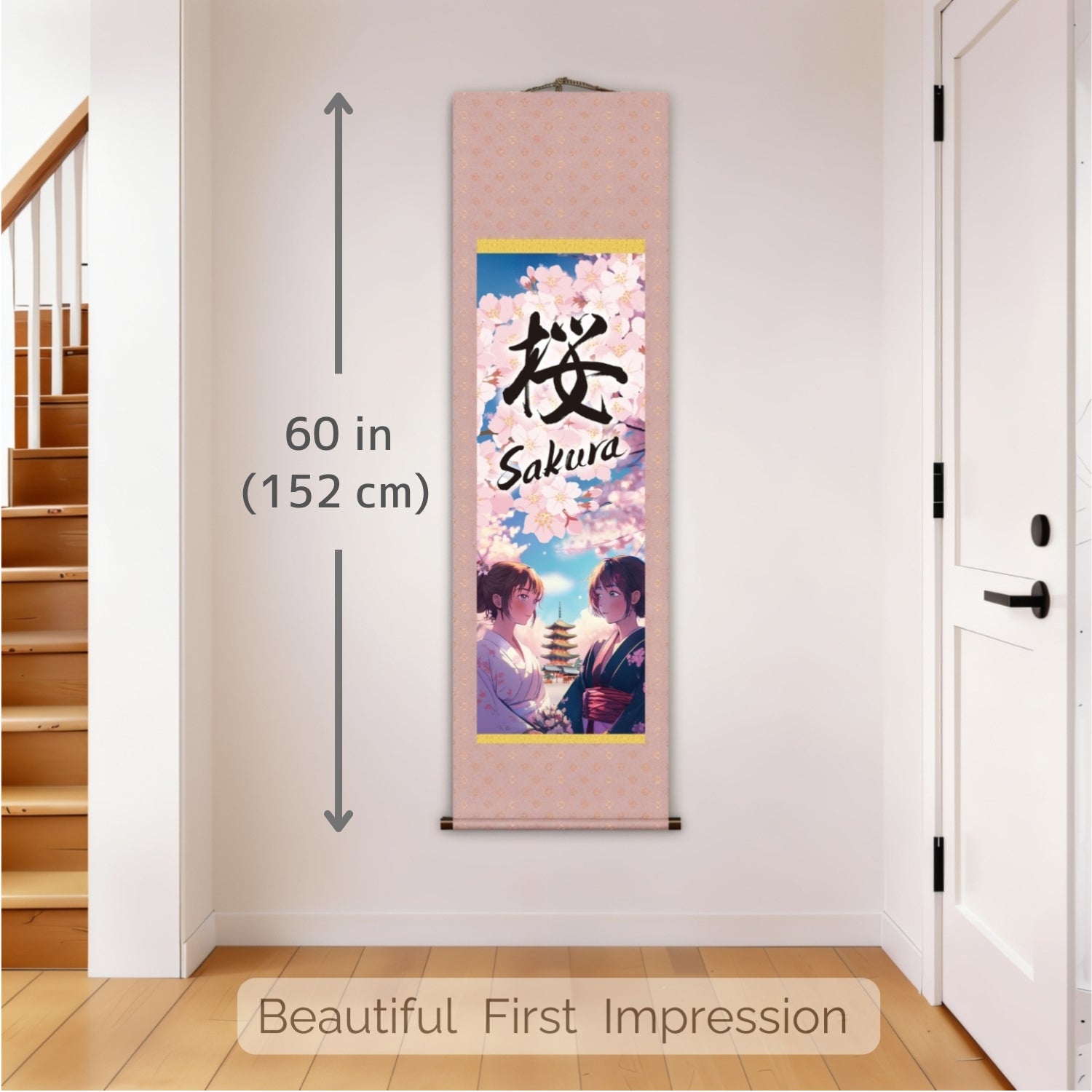 Japanischer Anime Sakura Kakemono Wandrolle – Kimono-Frauen mit Pagode 