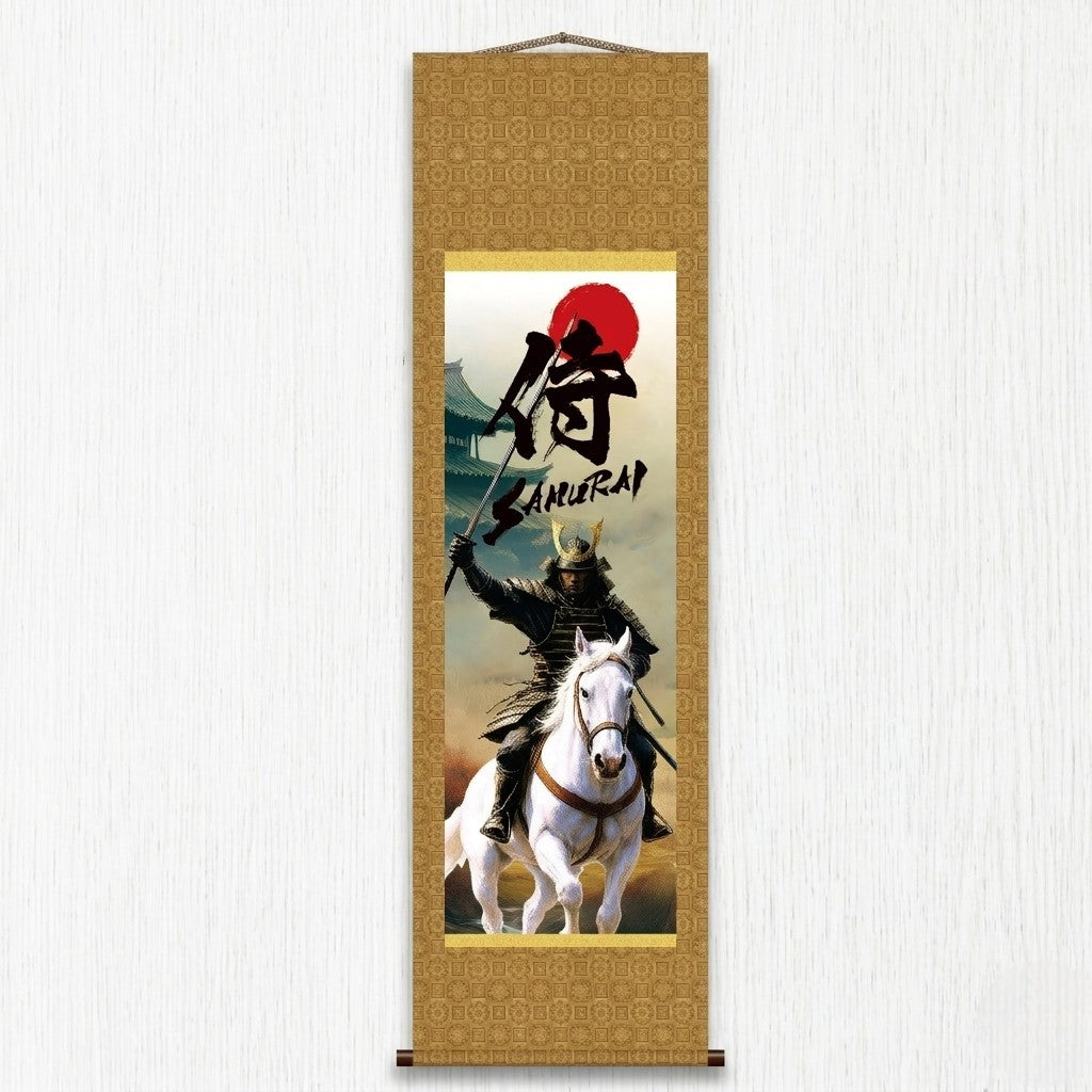 Kakemono mural samouraï japonais – Samouraï monté avec épée sur cheval blanc 